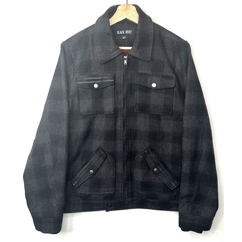 Black Rivet Womens Wool Blend Jacket Y2K Full Zip Gray Plaid Size X-Large (16)